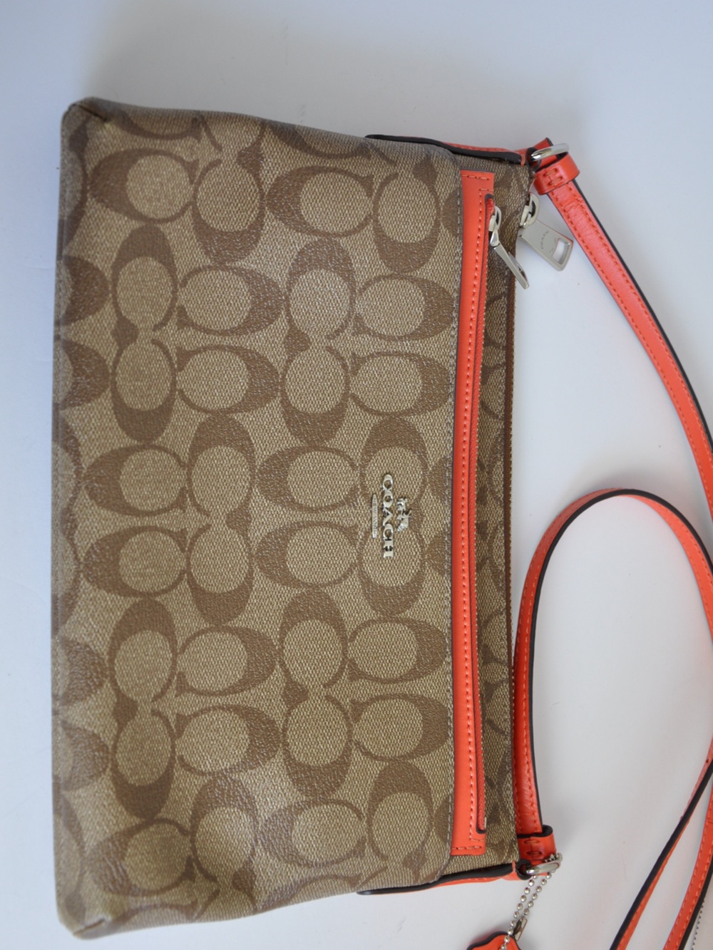 Coach East West Crossbody Signature File Khaki Bag Orange Pop-Up Pouch Zip Close